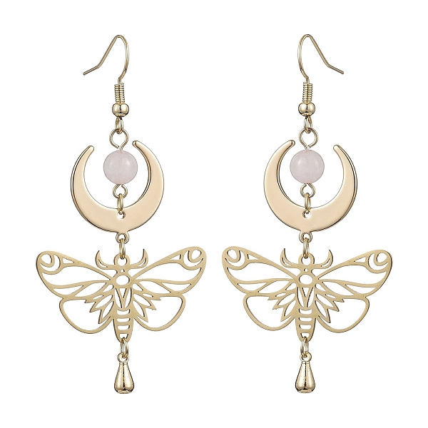 

PandaHall Natural Rose Quartz Dangle Earrings, Golden Brass Butterfly with Moon Long Drop Earrings, 65x33mm Rose Quartz Butterfly