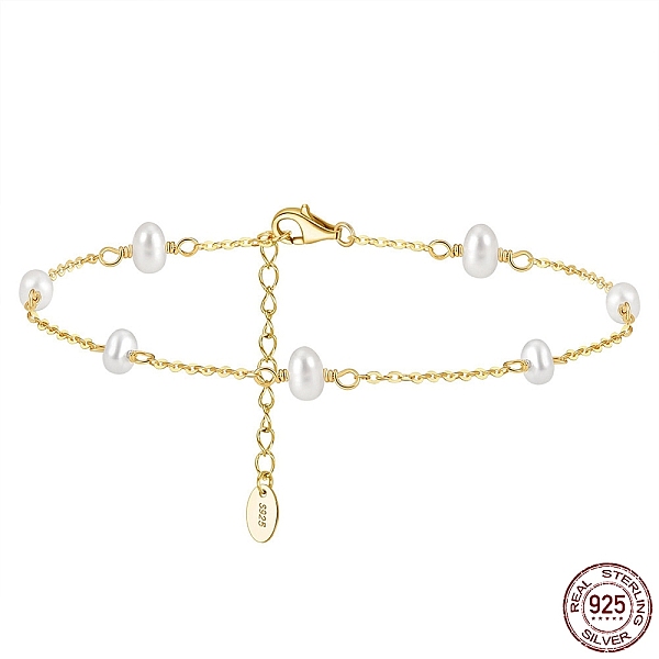 

PandaHall 925 Sterling Silver Cable Chain Anklet with Oval Natural Freshwater Pearls for Women, with S925 Stamp, Real 14K Gold Plated, 8-1/2...