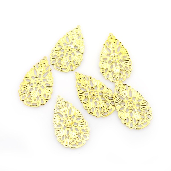 

PandaHall Flat teardrop, Iron Filigree Findings Pendants, Golden, 38x22x0.7mm, Hole: 0.8mm Iron Teardrop