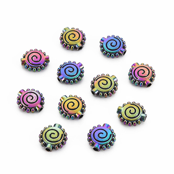 

PandaHall Rack Plating Rainbow Color Alloy Beads, Cadmium Free & Nickel Free & Lead Free, Flat Round with Spiral, 10x9.5x3mm, Hole: 1.5mm...
