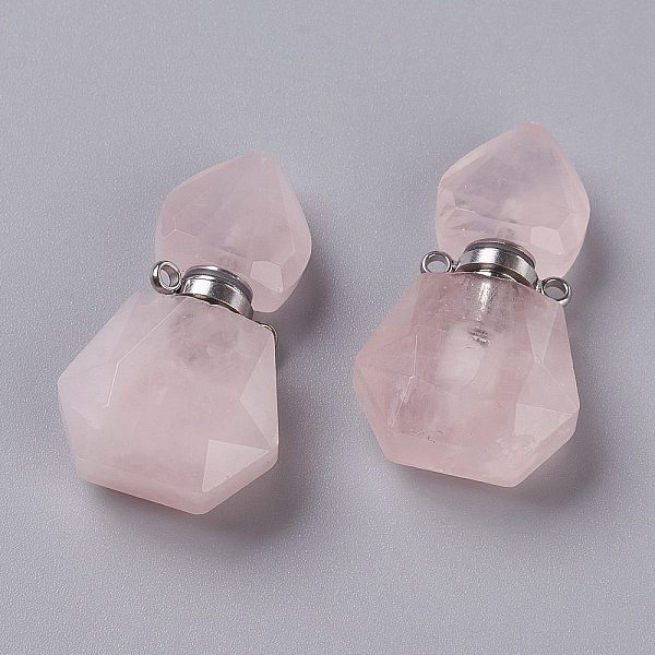 PandaHall Hexagon Natural Rose Quartz Perfume Bottle Pendants, with 304 Stainless Steel Findings, Faceted, Stainless Steel Color...