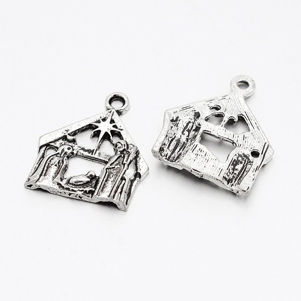 PandaHall Tibetan Style Alloy Pendants, House, Antique Silver, 21x18x3mm, Hole: 2mm, about 650pcs/kg Alloy Building