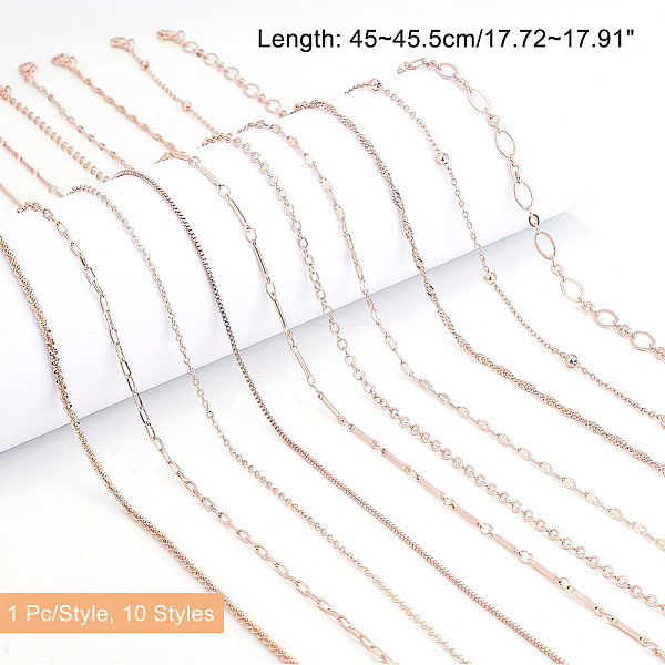 10Pcs 10 Styles Brass Paperclip & Cable & Box & Satellite & Bar Link Chain Necklaces Set