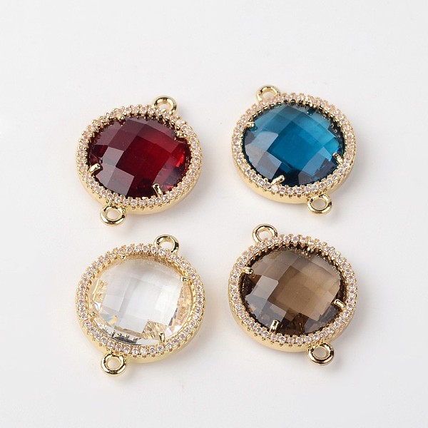 

PandaHall Faceted Flat Round Brass Glass Links connectors, with Cubic Zirconia, Glass Random Mixed Color, Golden, 23x18x6mm, Hole: 1.5mm..., Multicolor