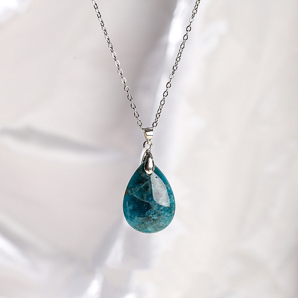 

PandaHall Natural Apatite Teardrop Pendant Necklaces, Titanium Steel Cable Chain Necklace for Women, 17.72 inch(45cm) Apatite Teardrop
