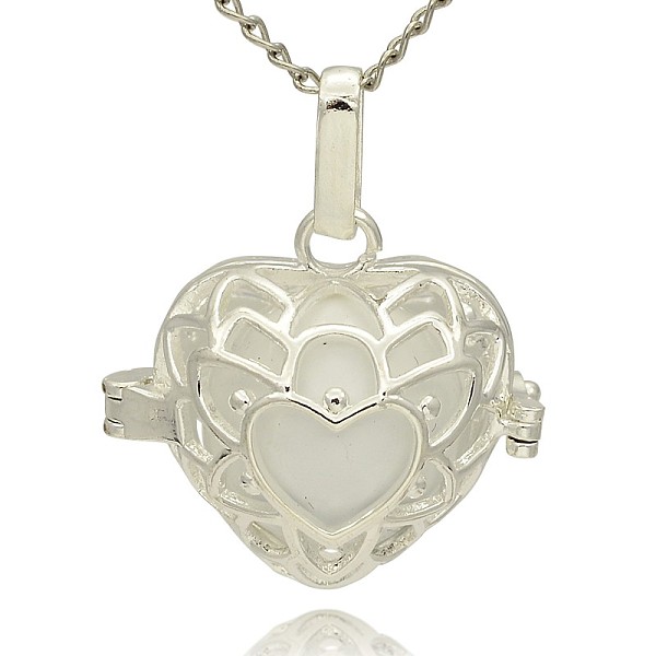 

PandaHall Silver Color Plated Brass Hollow Heart Cage Pendants, with No Hole Spray Painted Brass Round Beads, White, 24x26x18mm, Hole: 3x8mm...