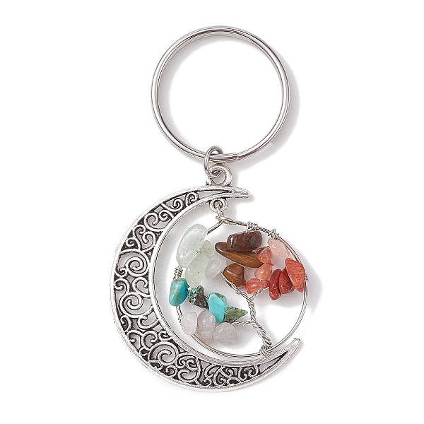 

PandaHall Gemstone Keychain, with 304 Stainless Steel Keychain Clasp and Tibetan Style Alloy 2-Loop Link Pendants, Moon & Tree of Life...