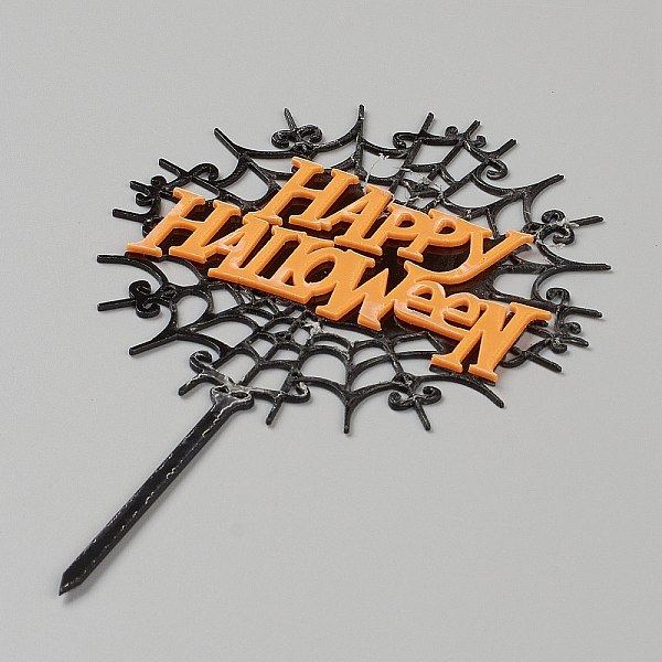 PandaHall Acrylic Spider Web & Halloween Word Cake Insert Card Decoration, for Halloween Cake Decoration, Orange, 140x90x1mm Acrylic Word...