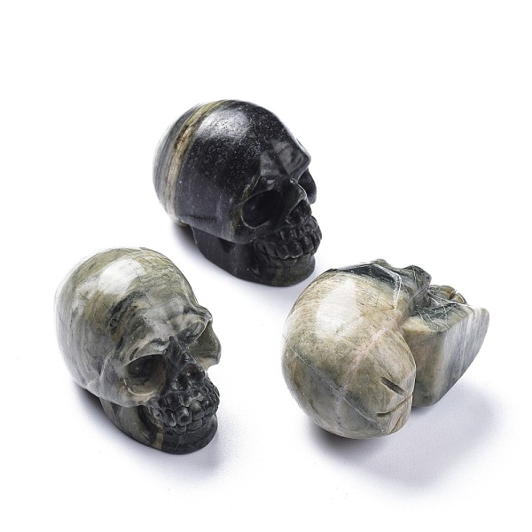 

PandaHall Halloween Natural Silver Leaf Jasper Home Decorations, Skull, 38~38.5x32~32.5x49~50mm Silver Leaf Jasper Skull
