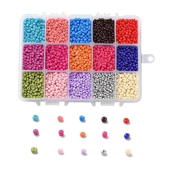 

PandaHall 375G 15 Colors Baking Paint Glass Seed Beads, Round, Mixed Color, 8/0, 3~4x2~3mm, Hole: 0.8~1mm, 25g/color Glass Multicolor