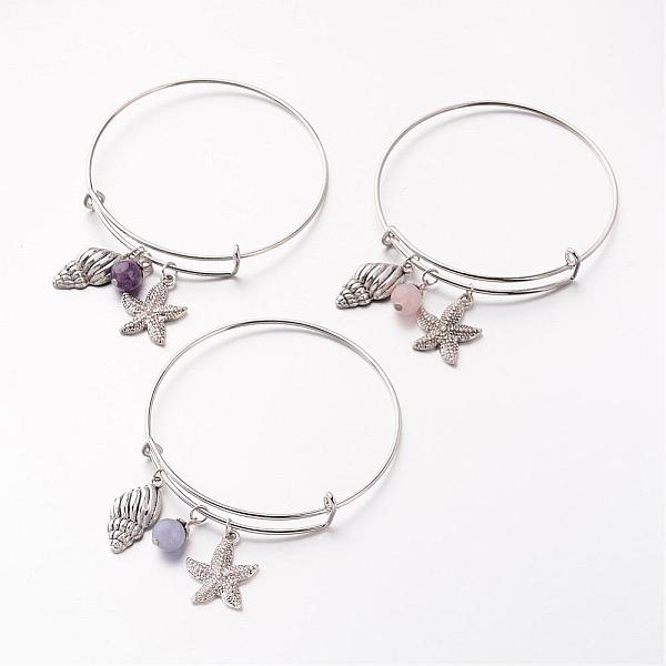 

PandaHall Adjustable Iron Charm Bangles, with Gemstone Round Beads and Alloy Pendants, Starfish/Sea Stars & Whelk, 67mm Mixed Stone