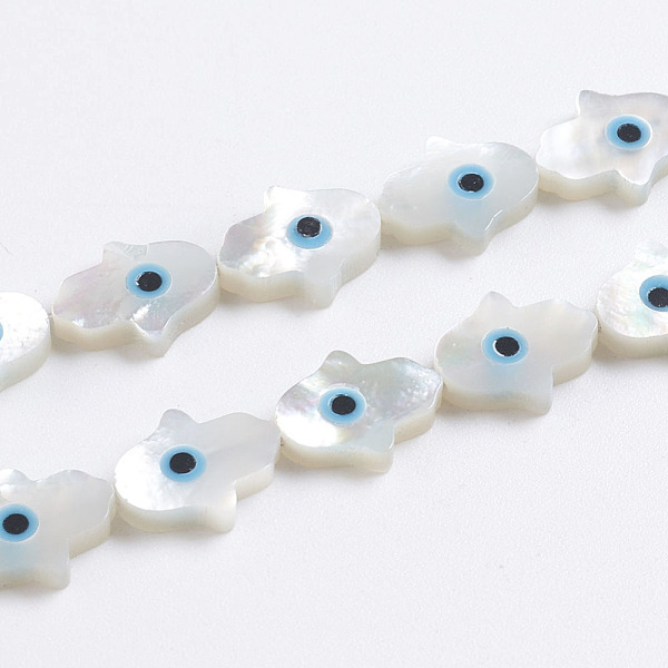 

PandaHall Natural White Shell Mother of Pearl Shell Beads, Pearlized, Hamsa Hand/Hand of Fatima/Hand of Miriam with Evil Eye, 10x8x2mm, Hole...