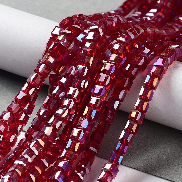 

PandaHall Electroplate Glass Beads Strands, AB Color Plated, Faceted, Cube, Dark Red, 4x4x4mm, Hole: 1mm, about 100pcs/strand, 17 inch Glass...
