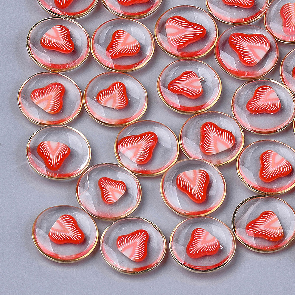 

PandaHall Epoxy Resin Cabochons, with Polymer Clay Inside and Brass Findings, Flat Round with Strawberry Pattern, Light Gold, Crimson..., Pink