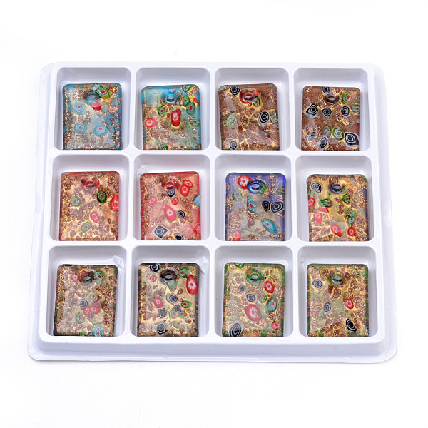 

PandaHall Handmade Gold Sand Lampwork Pendants, Inside Millefiori Glass, Rectangle, Mixed Color, 45~46x34~35x8~9mm, Hole: 4~5mm, 12pcs/box..., Multicolor