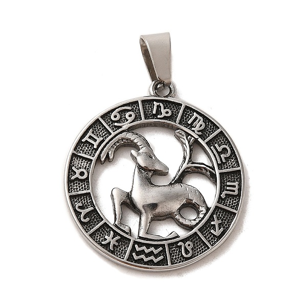 

PandaHall 304 Stainless Steel Pendants, Flat Round with Twelve Constellations Charms, Antique Silver, Capricorn, 28x25x2mm, Hole: 7x5mm 304...