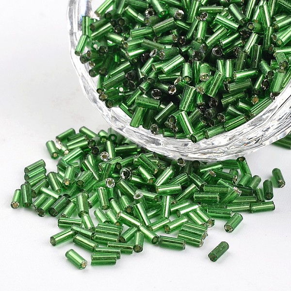

PandaHall Tube Silver Lined Round Hole Glass Bugle Beads, Green, 3~5x1.8~2mm, Hole: 0.8mm, about 1200pcs/50g Glass Green
