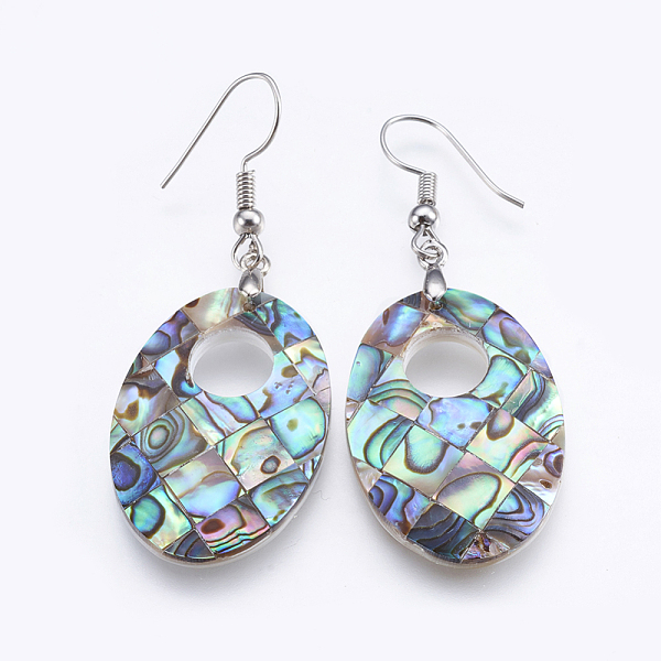 

PandaHall Abalone Shell/Paua Shell Dangle Earrings, with Brass Findings, Oval, Platinum, 53~54mm, Pin: 0.7mm Shell