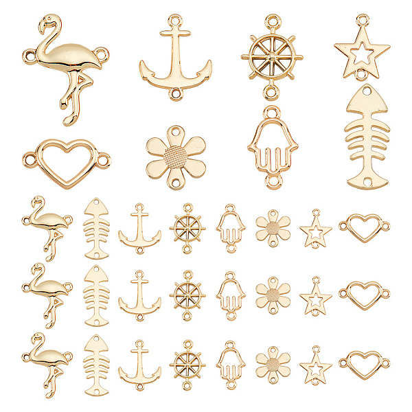 

PandaHall GOMAKERER 80Pcs 8 Styles Alloy Connector Charms, Star & Hamsa Hand & Flower & Heart, Mixed Shapes, Light Gold...
