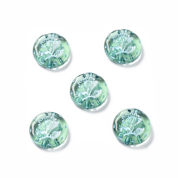 

PandaHall Plating Transparent Acrylic Beads, Metal Enlaced, Flat Round with Flower Pattern, Medium Aquamarine, 17.5~18x5~5.5mm, Hole: 1.8mm...