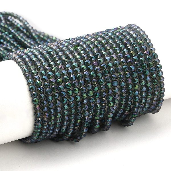 

PandaHall Electroplate Transparent Glass Beads Strands, Rainbow Plated, Faceted Round, Cadet Blue, 3x2.5mm, Hole: 0.7mm, about 149pcs/strand...