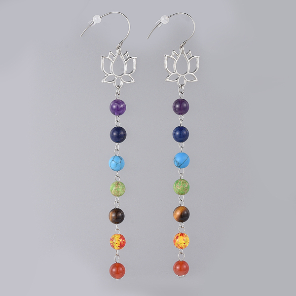 

PandaHall Gemstone Dangle Earrings, with Lotus Alloy Findings, 304 Stainless Steel Earring Hooks and Plastic Ear Nuts/Earring Back, Colorful...