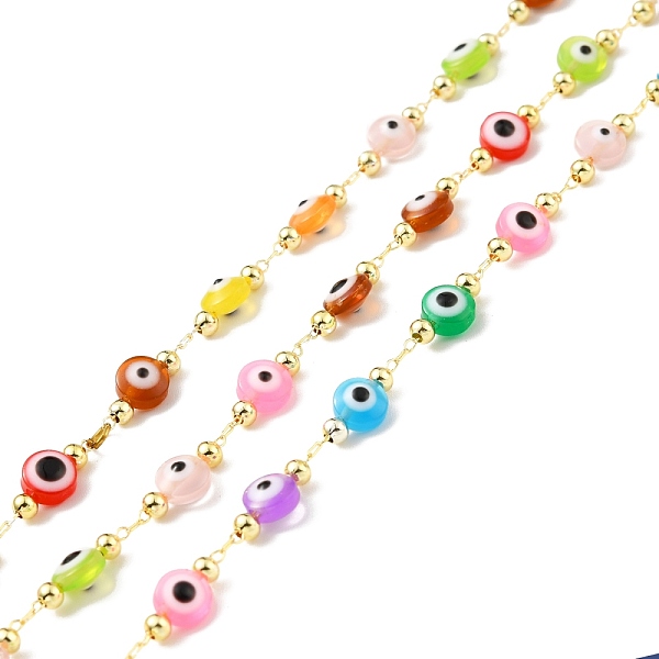 

PandaHall Handmade Brass Cable Chain, with Glass Evil Eye Beaded, Long-Lasting Plated, Soldered, with Spool, Colorful, 13.5x6x4mm Brass