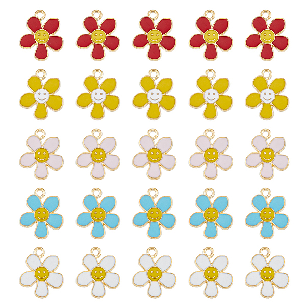 

PandaHall HOBBIESAY 50Pcs 5 Colors Alloy Enamel Pendants, Light Gold, Flower with Smiling Face Charm, Mixed Color, 21.5x18x1.5mm, Hole: 2mm..., Multicolor