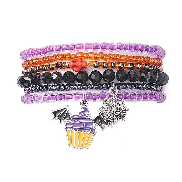 

PandaHall 6Pcs 6 Style Dyed Synthetic Turquoise Skull & Glass Beaded Stretch Bracelets Set, Bat & Spider Web Alloy Enamel Charms Stackable..., Multicolor