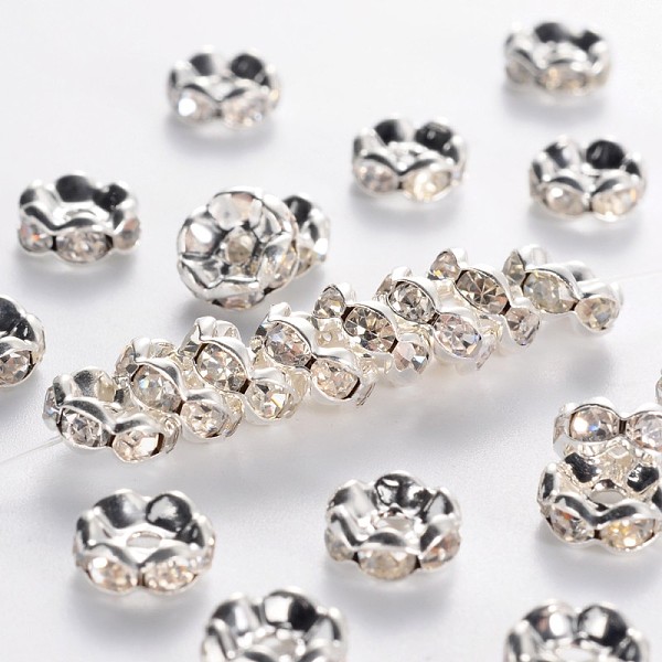 

PandaHall Middle East Rhinestone Spacer Beads, Clear, Brass, Silver Color Plated, Nickel Free, Size: about 8mm in diameter, 3.8mm thick...
