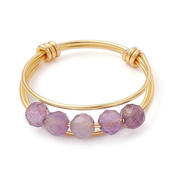 

PandaHall Natural Round Amethyst Beaded Finger Rings, with Golden Copper Wire Wrapped Rings, US Size 8 1/2(18.5mm), 1.5~6mm Amethyst Round