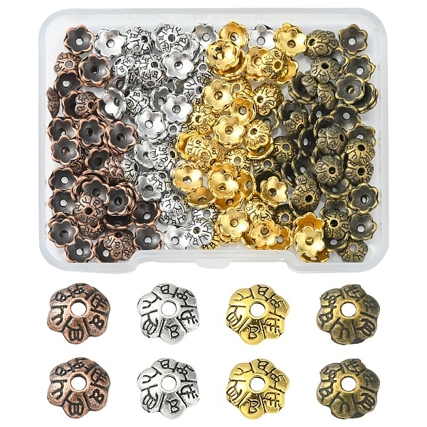 

PandaHall 200Pcs 4 Colors 6-Petal Tibetan Style Alloy Flower Bead Caps, Mixed Color, 6x2mm, Hole: 1mm, 50pcs/color Alloy