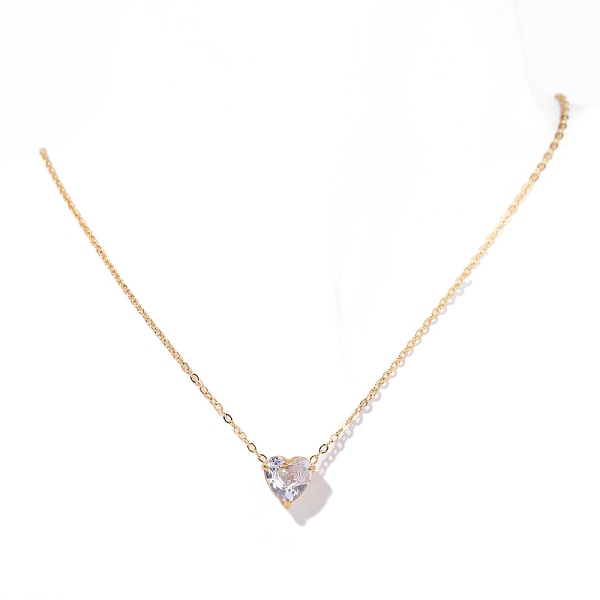 Stainless Steel Pave Cubic Zirconia Heart Pendant Cable Chain Necklaces for Women