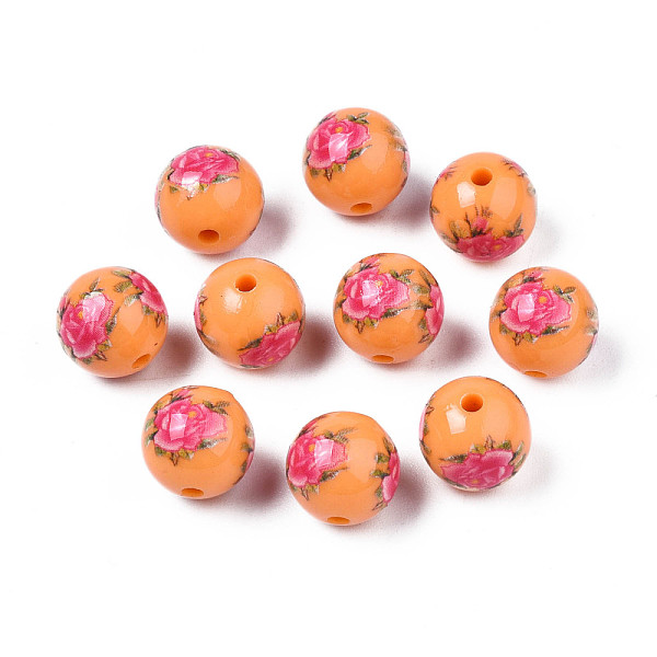 

PandaHall Opaque Printed Acrylic Beads, Round with Flower Pattern, Orange, 9x9.5mm, Hole: 1.8mm Acrylic Round Orange