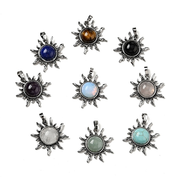 

PandaHall Natural & Synthetic Gemstone Pendants, Sun Charm, with Antique Silver Tone Alloy Findings, Mixed Dyed and Undyed...