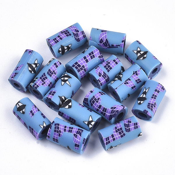 

PandaHall Handmade Polymer Clay Beads, Column with Flower Pattern, Deep Sky Blue, 12x7mm Polymer Clay Column