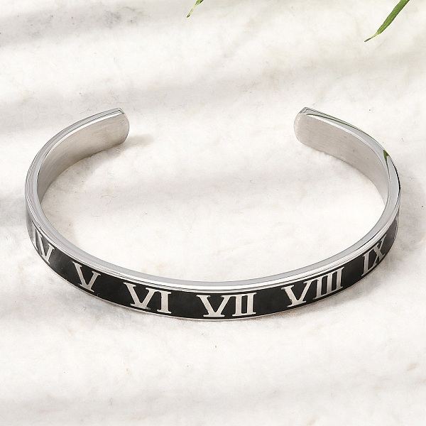 304 Stainless Steel Black Enamel Roman Numerals Open Cuff Bangles for Women