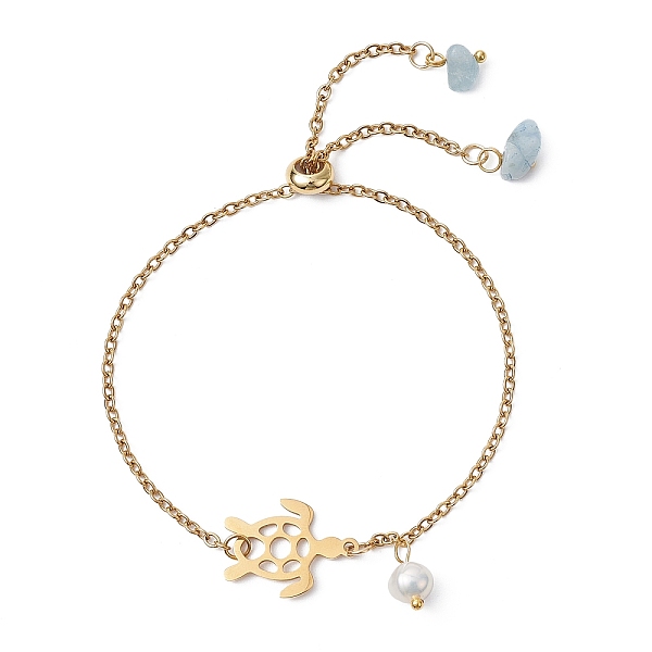 

PandaHall Adjustable Ion Plating(IP) 304 Stainless Steel Hollow Turtle Slider Bracelet, with Natural Aquamarine Chips Charms, Golden, Inner...