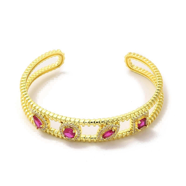

PandaHall Square & Teardrop & Horse Eye Glass Open Cuff Bangle with Cubic Zirconia, Golden Brass Jewelry for Women, Camellia, Inner Diameter..., Pink