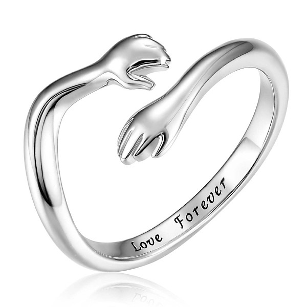 PandaHall Rhodium Plated 925 Sterling Silver Hug Hands Open Cuff Ring with Love Forever for Women, Platinum, US Size 6 1/2(16.9mm) Sterling...