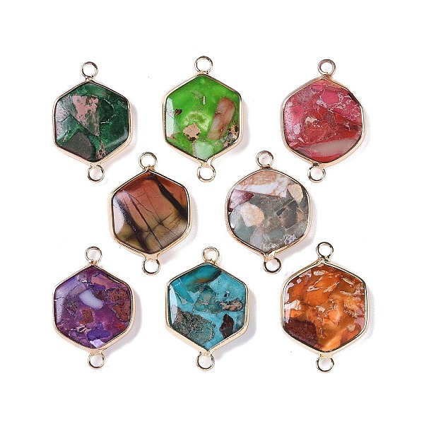 

PandaHall Dyed Synthetic Imperial Jasper Connector Charms, Golden Plated Brass Hexagon Links, Mixed Color, 29~30x19~20x4.5~6mm, Hole: 2.5mm..., Multicolor