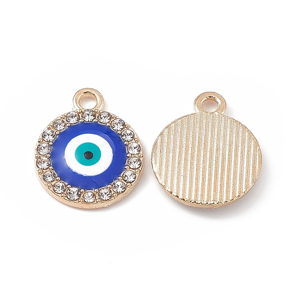 

PandaHall Alloy Crystal Rhinestone Pendants, with Enamel Evil Eye, Flat Round Charms, Light Gold, 17.5x14x2mm, Hole: 2mm Alloy..., Blue