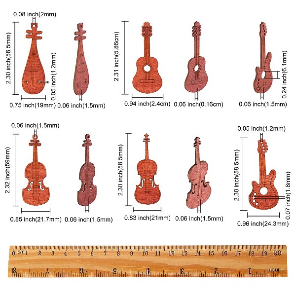 

PandaHall 50Pcs 5 Styles Wooden Cabochons, Guitar, Dark Red, 58.6~59x19~24x1.5~1.6mm, 10pcs/style Wood Musical Instruments