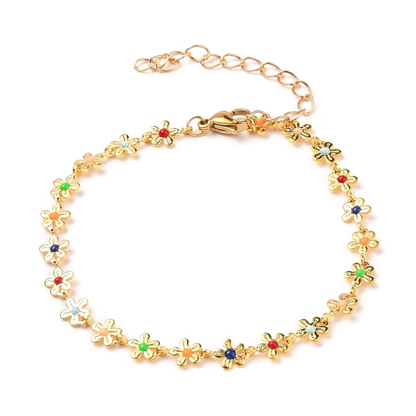 

PandaHall Brass Enamel Flower Link Chain Bracelets, with 304 Stainless Steel Lobster Claw Clasps, Colorful, Real 18K Gold Plated, 7-1/2 inch...