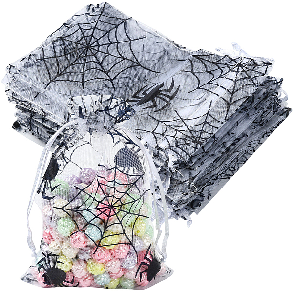 Halloween Theme Spider Printed Organza Drawstring Bags