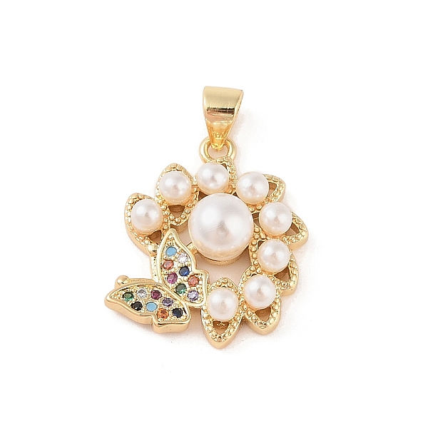 

PandaHall Brass Micro Pave Colorful Cubic Zirconia Pendants, with ABS Plastic Beads, Real 18K Gold Plated, Butterfly, 20.5x19x7mm, Hole...