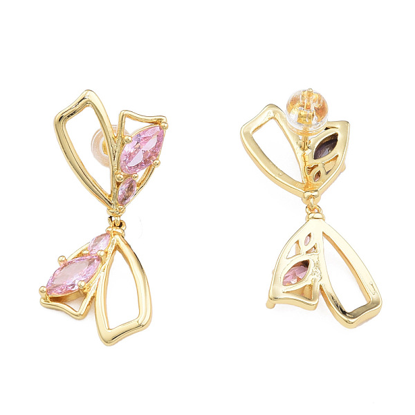 

PandaHall Cubic Zirconia Bowknow Stud Earrings, with Ear Nuts, Golden Brass Jewelry for Women, Nickel Free, Pink, 35x14mm, Pin: 0.7mm Cubic...