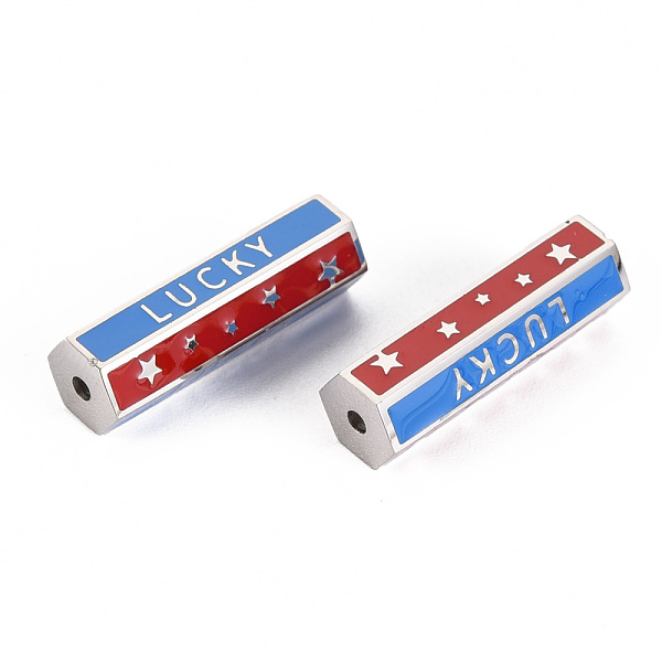 

PandaHall 316 Surgical Stainless Steel Enamel Beads, Hexagonal Prism with Word Lucky & Star Pattern, Stainless Steel Color, 19.5x6.5x6mm..., Multicolor