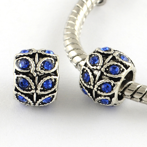 

PandaHall Antique Silver Plated Alloy Rhinestone Large Hole European Beads, Rondelle with Leaf, Sapphire, 9x7mm, Hole: 5mm Alloy+Rhinestone..., Blue