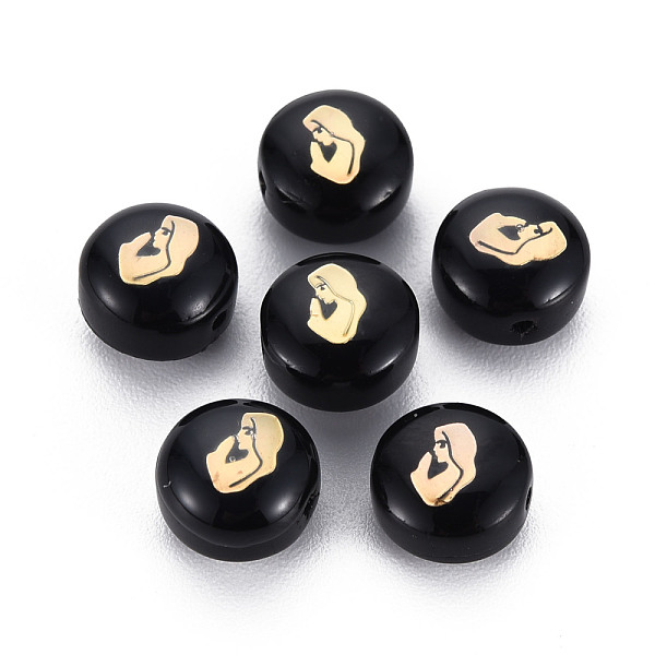 

PandaHall Handmade Lampwork Beads, with Golden Plated Brass Etched Metal Embellishments, Flat Round with Woman, Black, 8x5~6mm, Hole: 0.8mm...